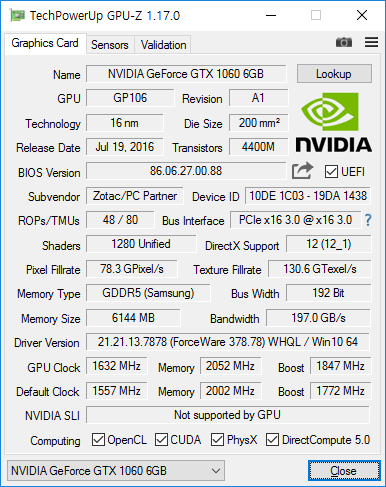 ZOTAC GeForce GTX 1060 AMP! Edition D5 6GB ZOTAC GeForce GTX 1060 AMP! Edition D5 6GB
