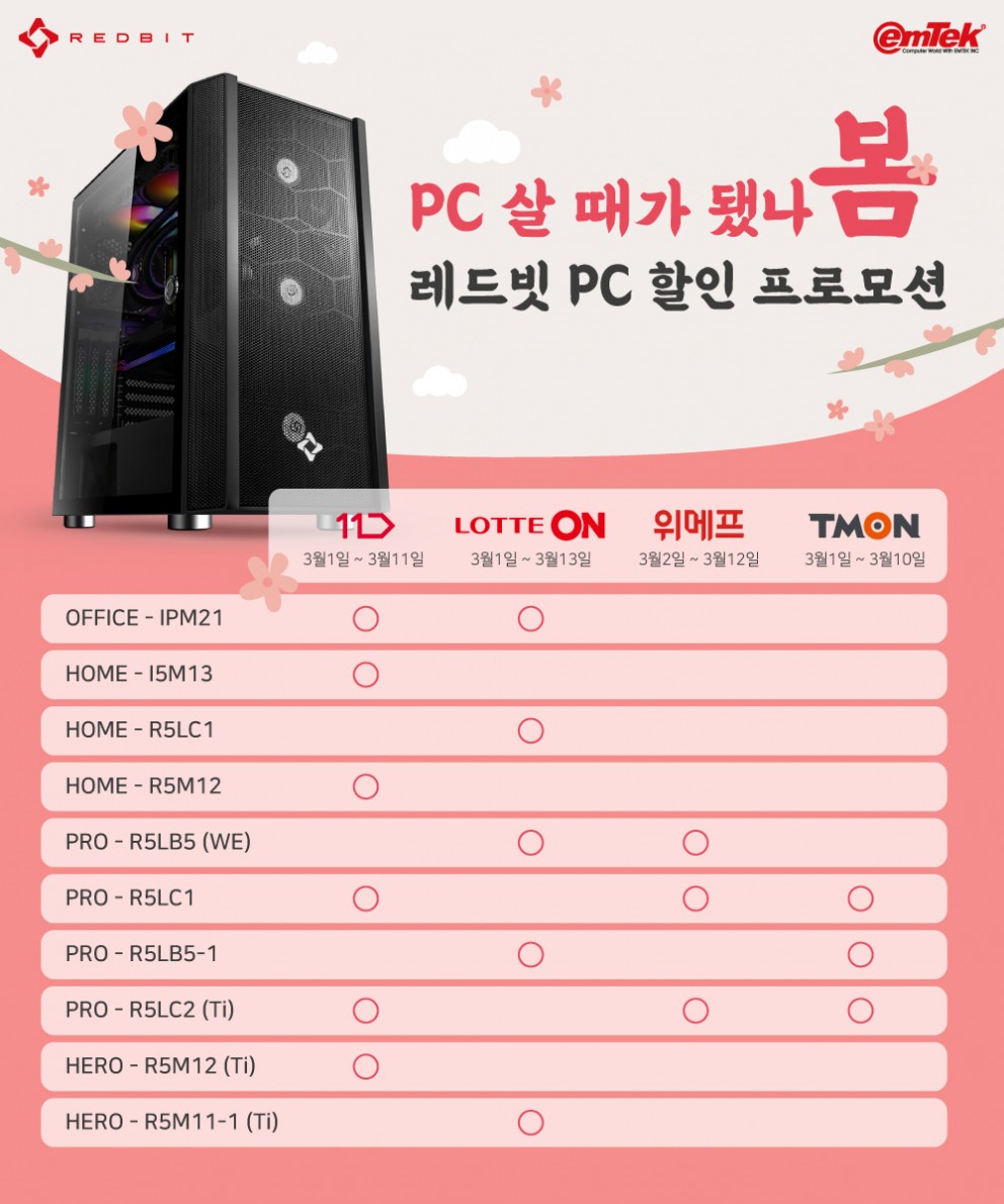 이엠텍, 더욱 큰 규모로 봄철 맞이 레드빗 브랜드 PC 오픈마켓 할인행사 진행 > 최신 뉴스 - 하드웨어 배틀(Hardware Battle)
